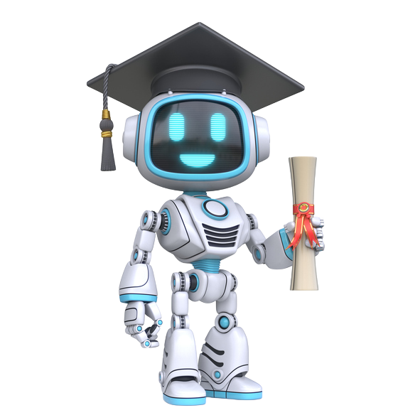 robot holding a diploma