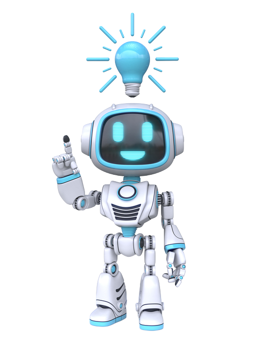 robot pointing to a blue lightbulb